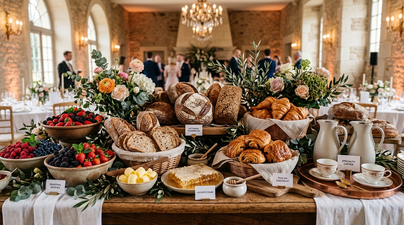Mesa de catering gourmet con panes de masa madre, croissants y viennoiserie artesanal de Wild Flour