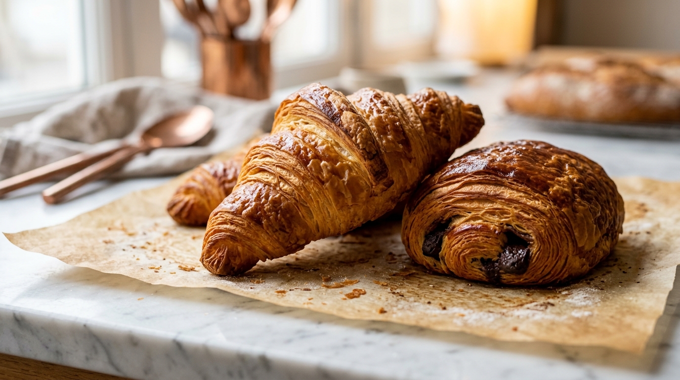 Croissants franceses y pain au chocolat recién salidos del horno con lamination hojaldrada