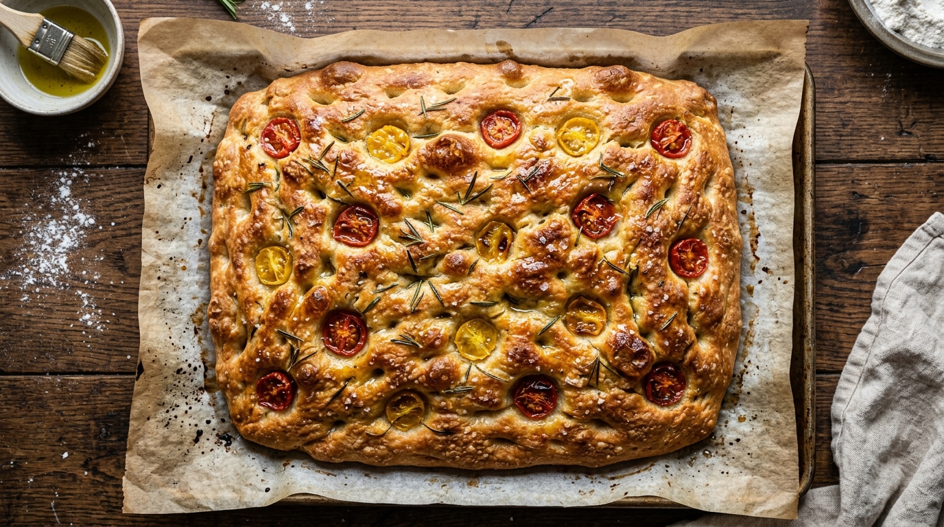 Focaccia de masa madre con aceite de oliva virgen extra y romero recién salida del horno en Wild Flour