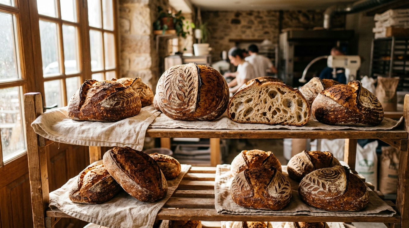 Variedad de hogazas campestres y panes de masa madre recién horneados en el obrador de Wild Flour