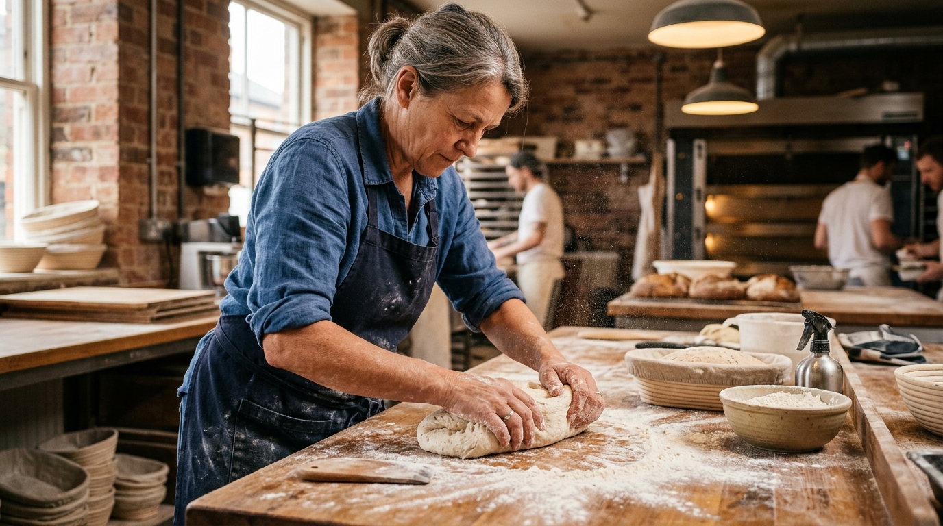 Maestro panadero de Wild Flour amasando pan de masa madre en mesada de roble