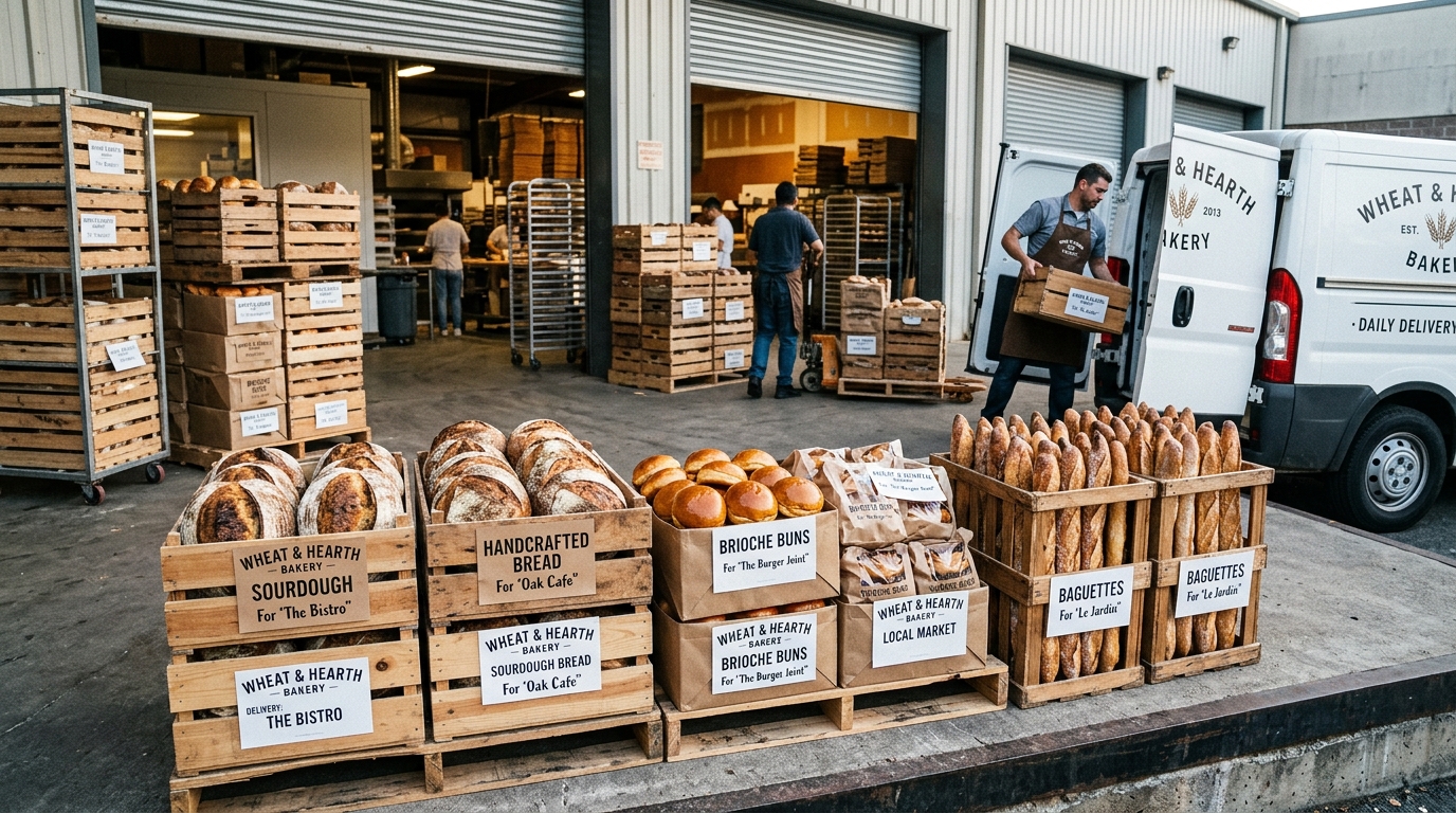Cajas de pan de masa madre y panes brioche listas para distribución en restaurantes de Buenos Aires