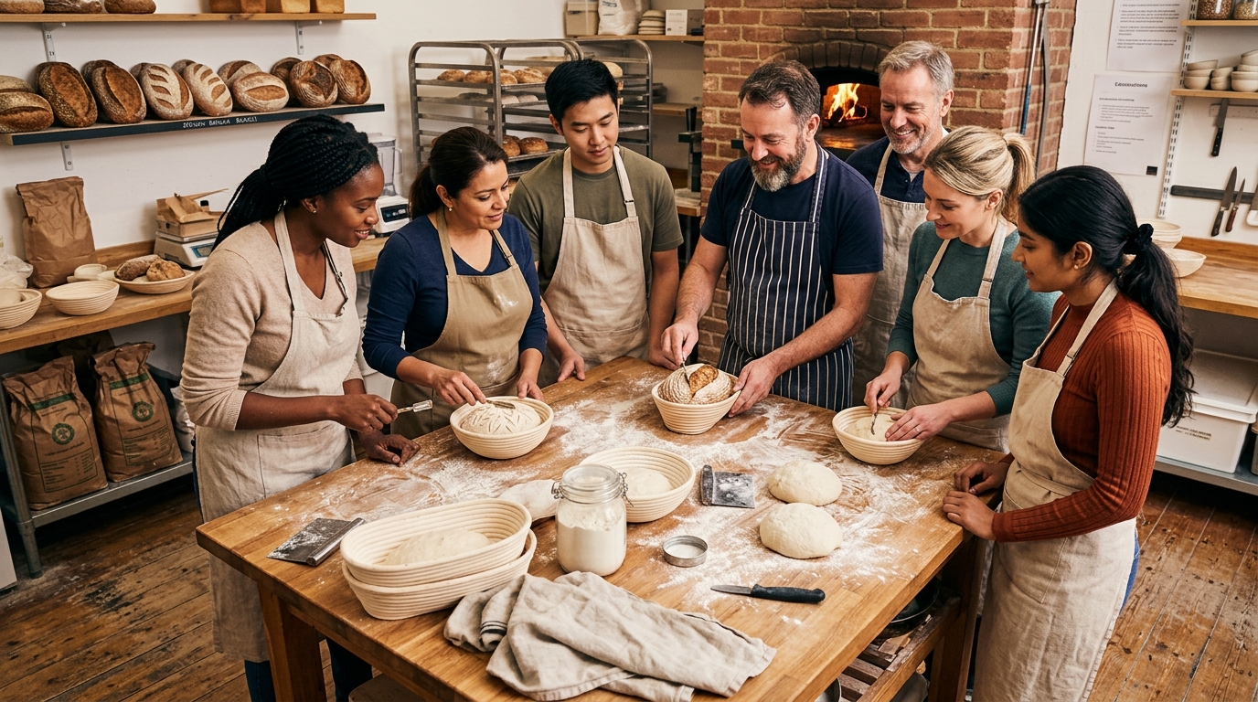 Clase práctica de panadería de masa madre para alumnos aficionados en el obrador